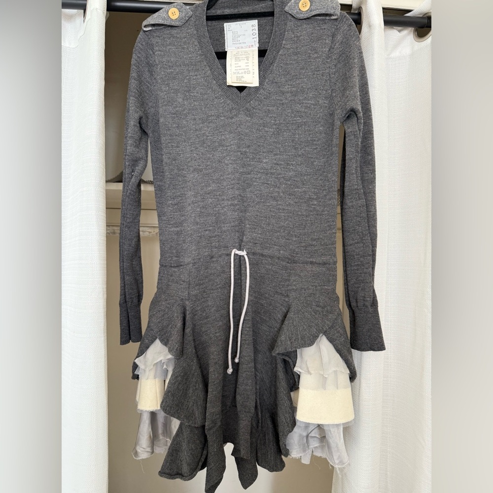 Sacai Gray Long Sleeve Dress with Ruffle Details